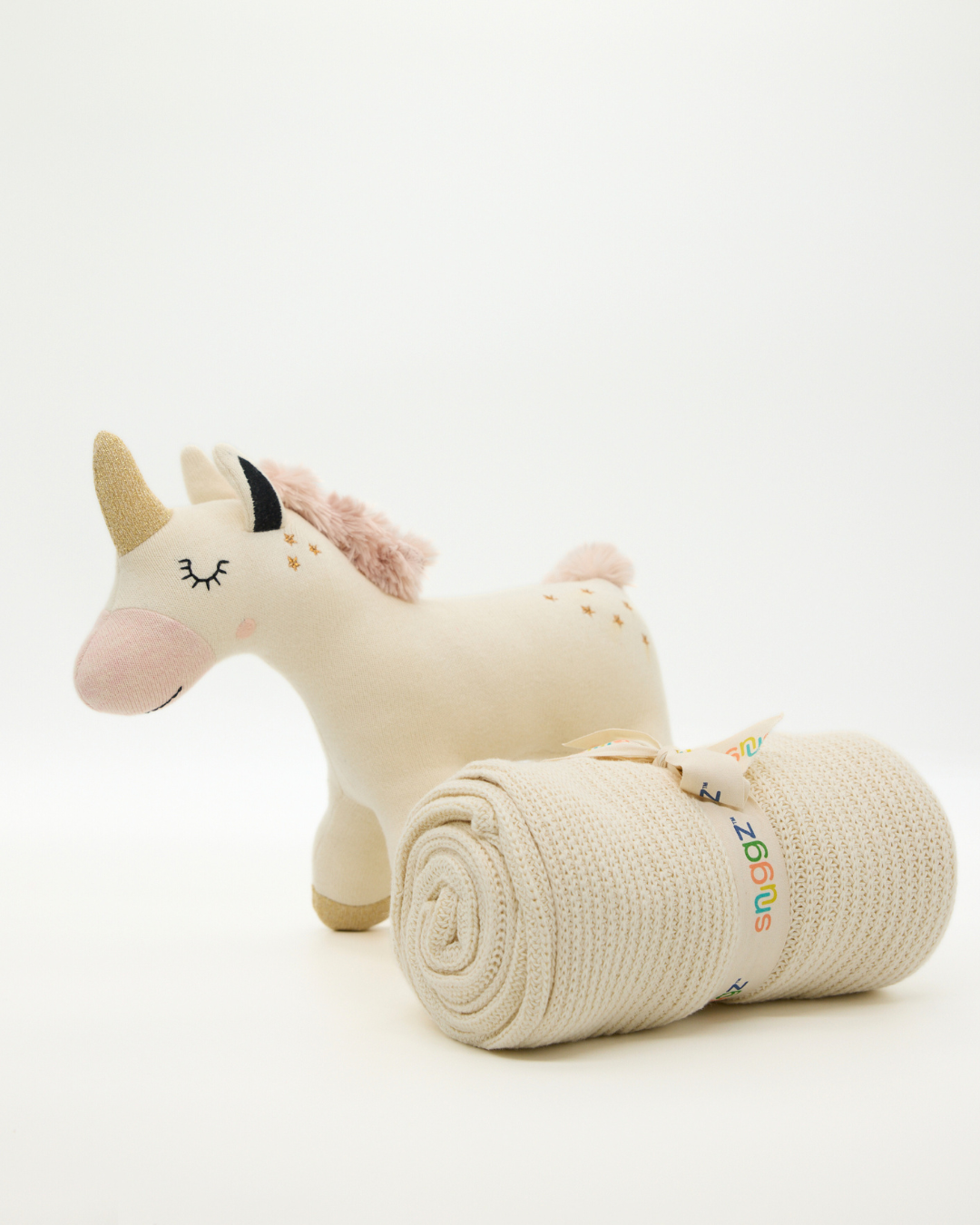 Snuggz Knitted Unicorn Toy & Cotton Baby Blanket Set