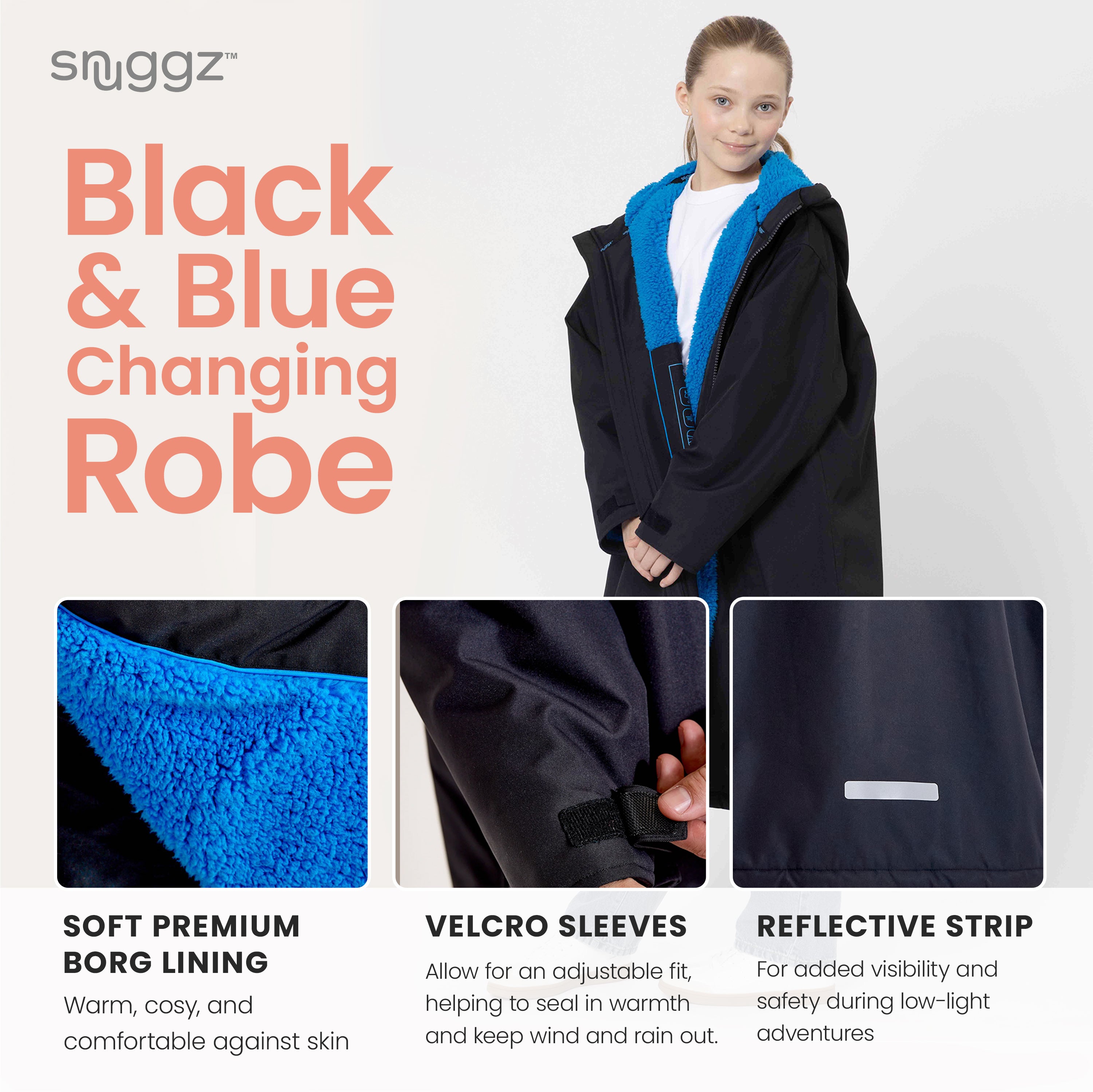 Snuggz Girls Lite Black Changing Robe with Blue Borg