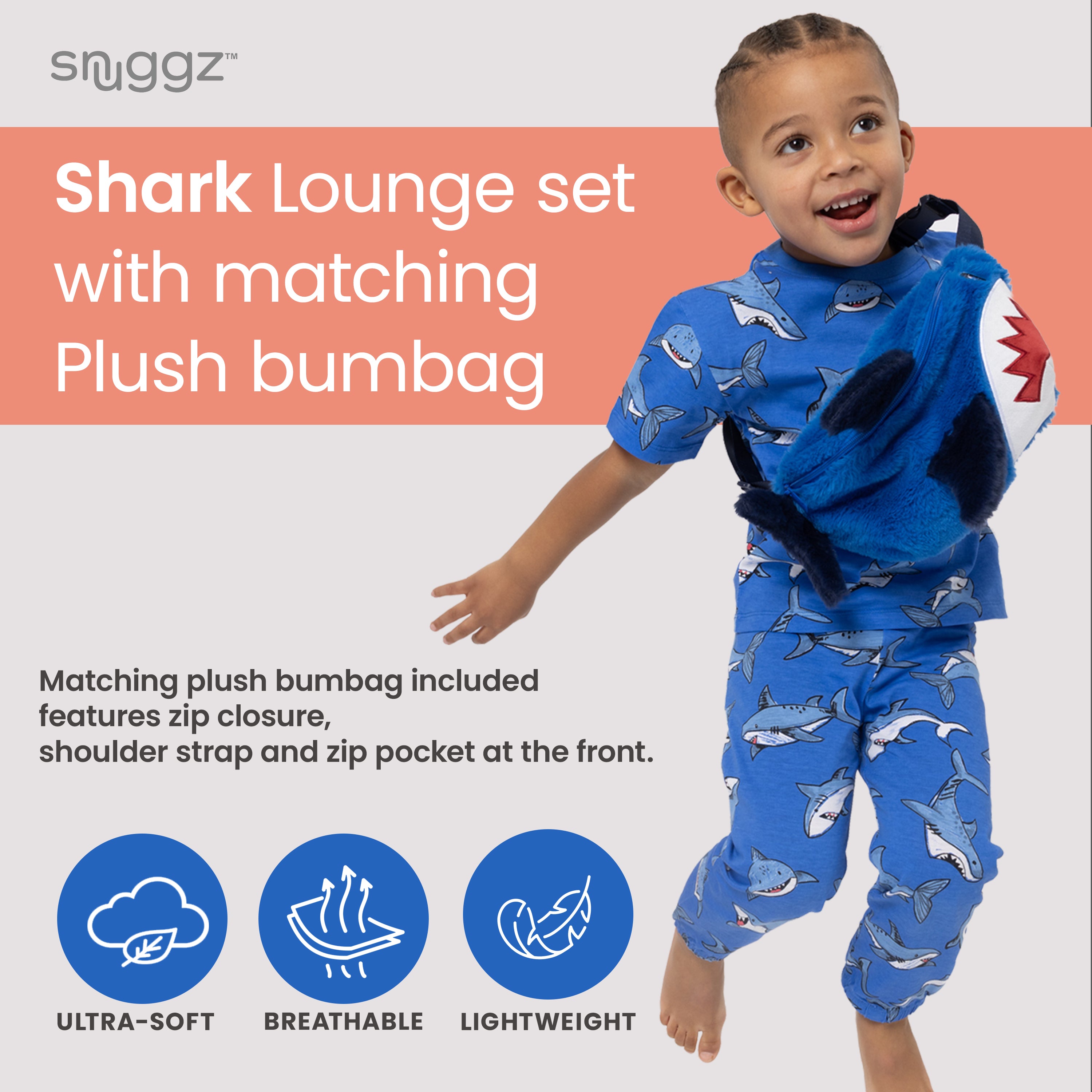Snuggz Boys Shark PJ Set with Plush Bag