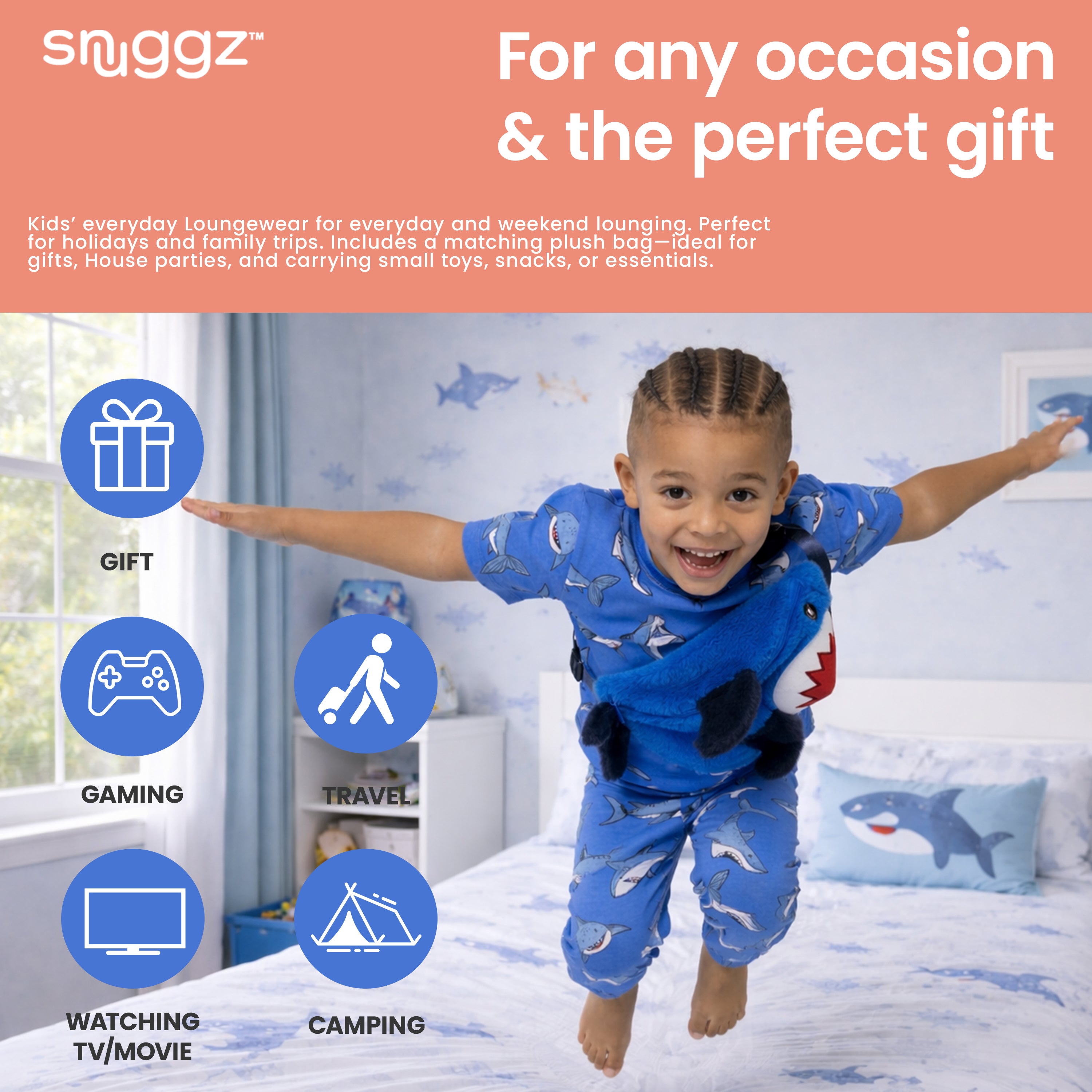 Snuggz Boys Shark PJ Set with Plush Bag