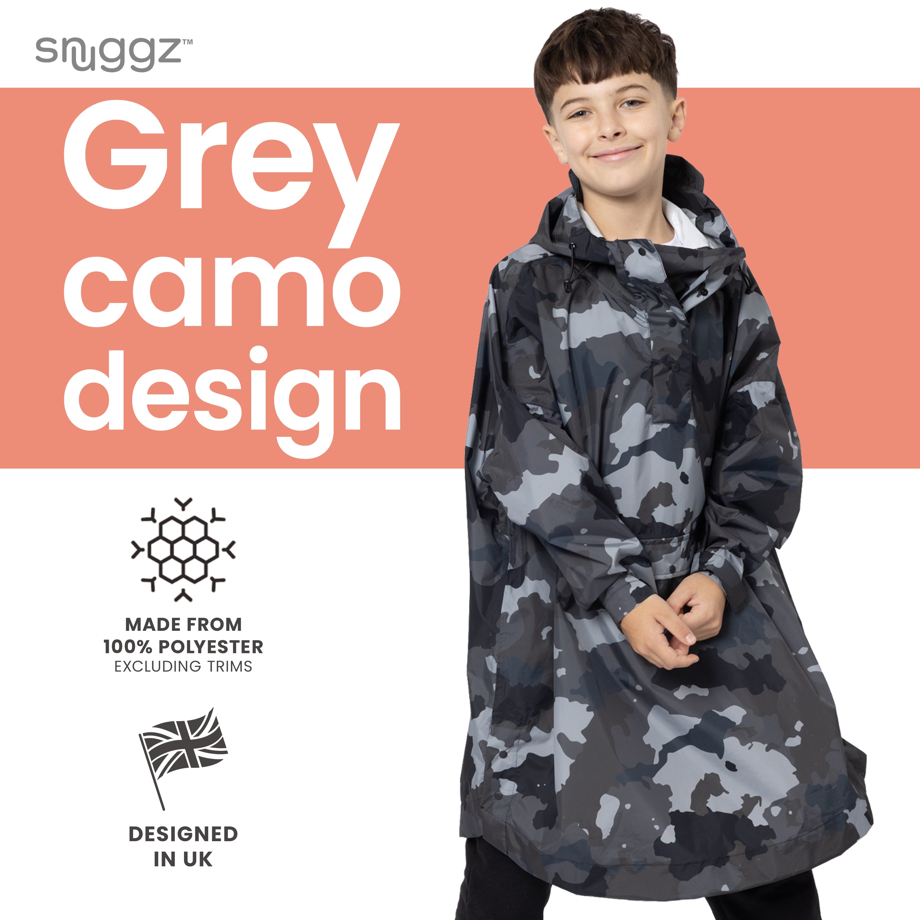 Snuggz Kids Grey Camo Rain Poncho