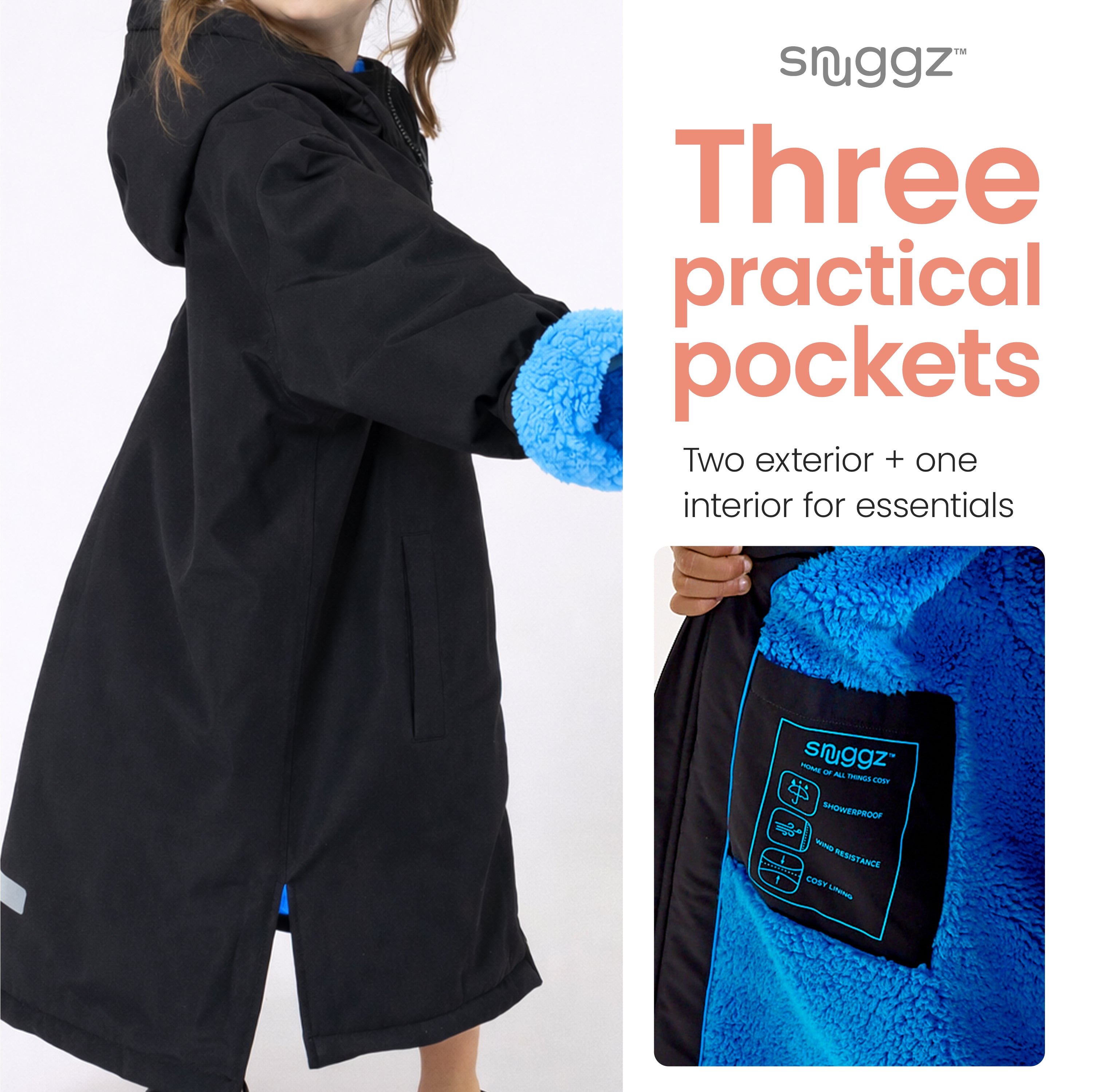 Snuggz Girls Lite Black Changing Robe with Blue Borg