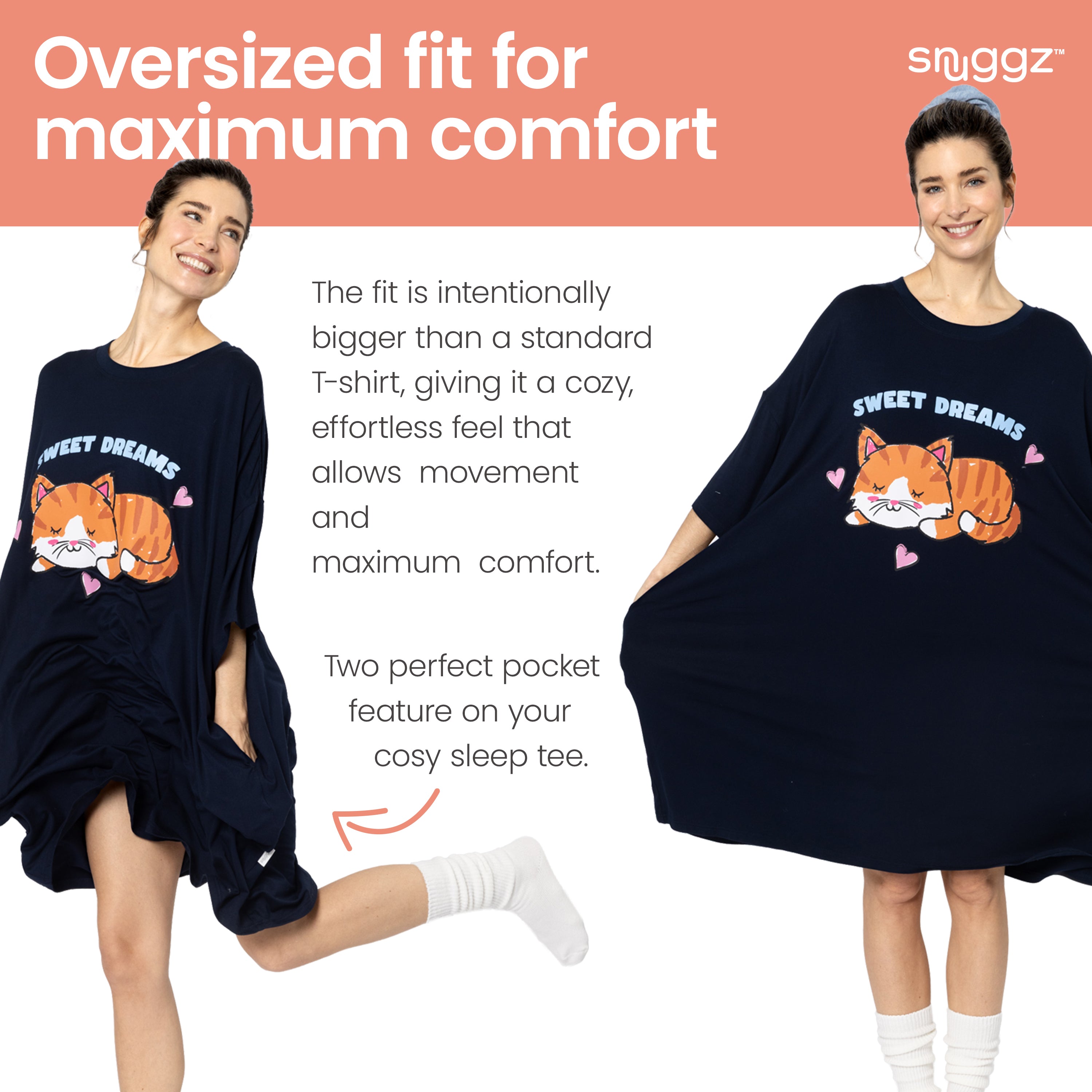 Snuggz Women Sweet Dreams Cat Oversized Bamboo Sleep Tee
