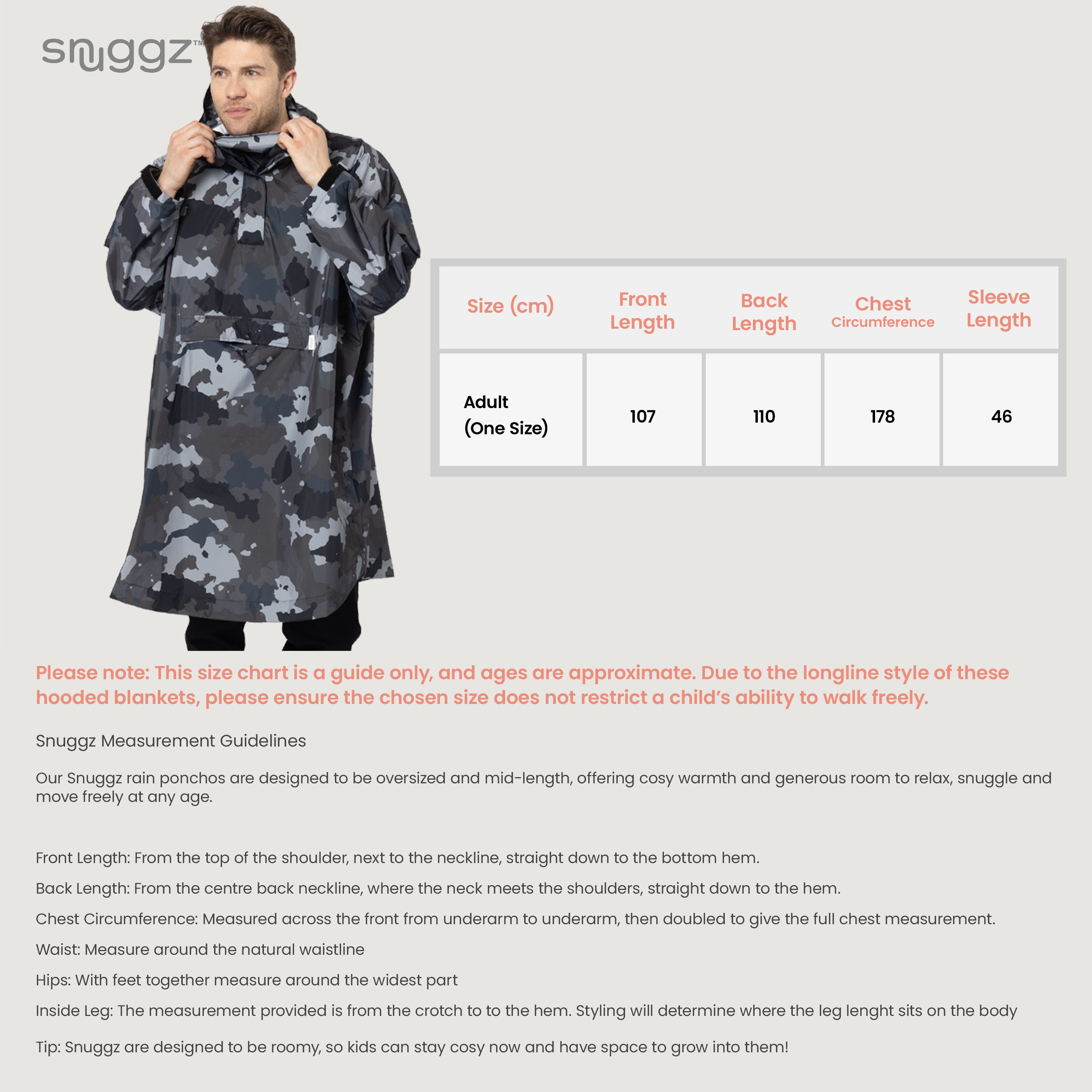 Snuggz Adult Grey Camo Rain Poncho