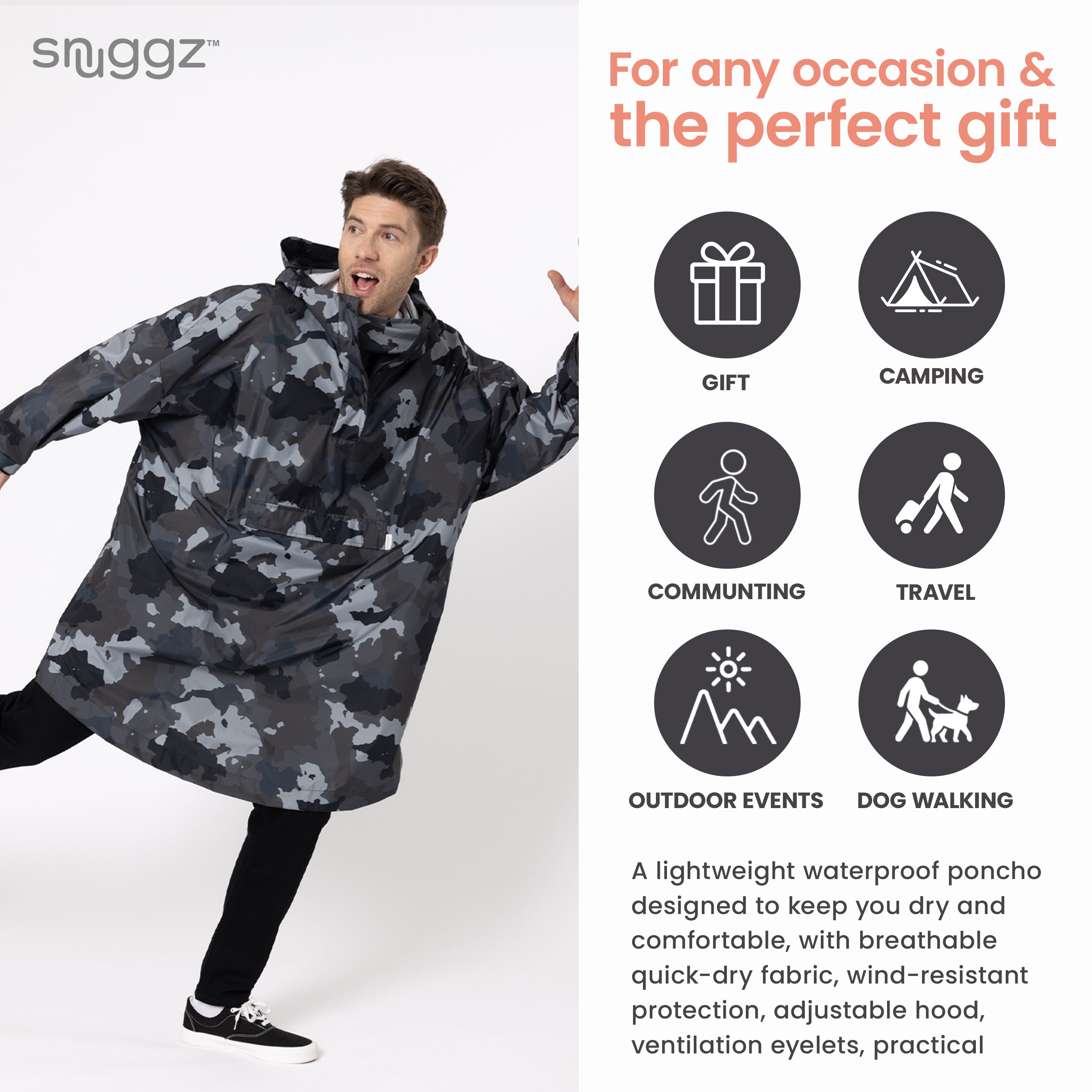 Snuggz Adult Grey Camo Rain Poncho