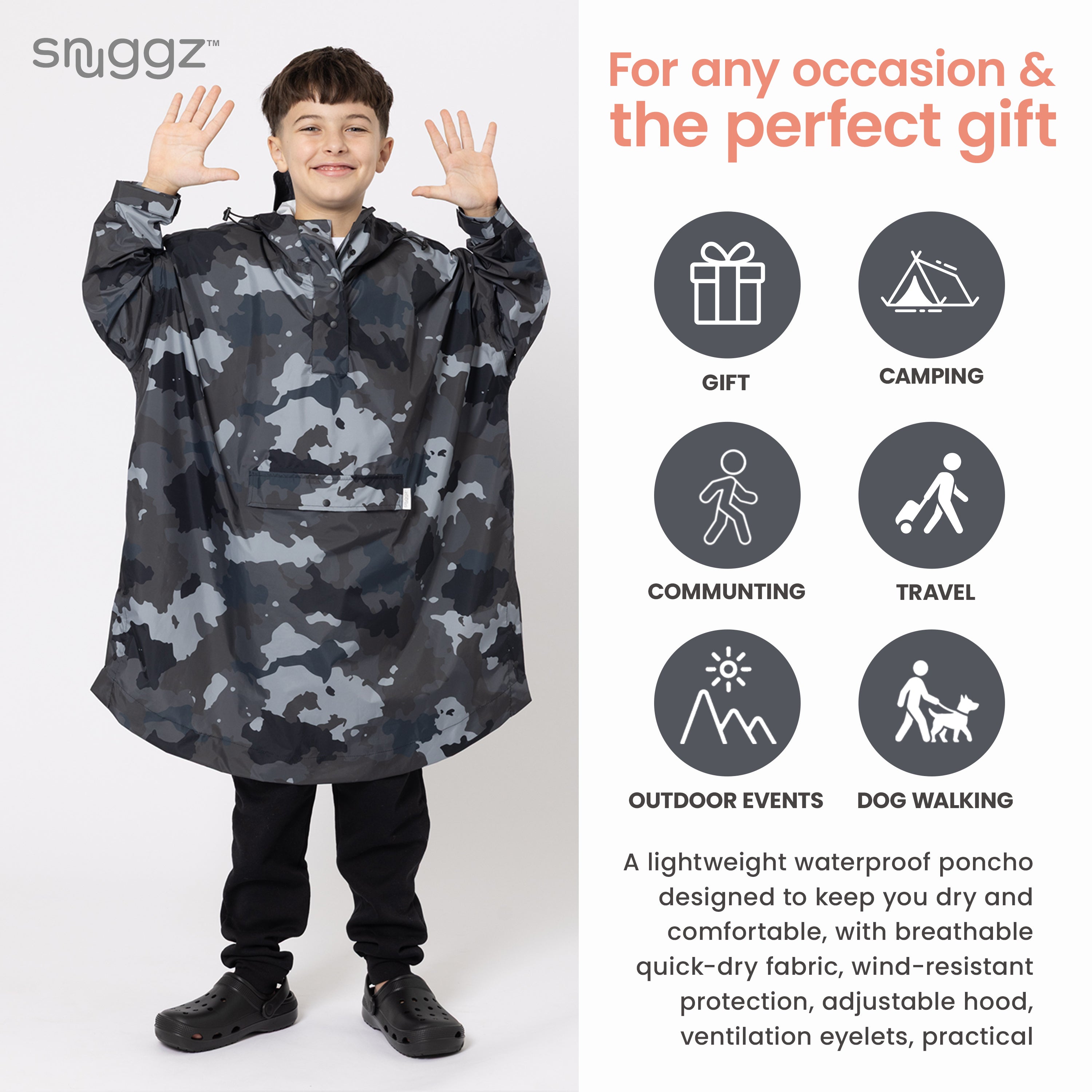 Snuggz Kids Grey Camo Rain Poncho