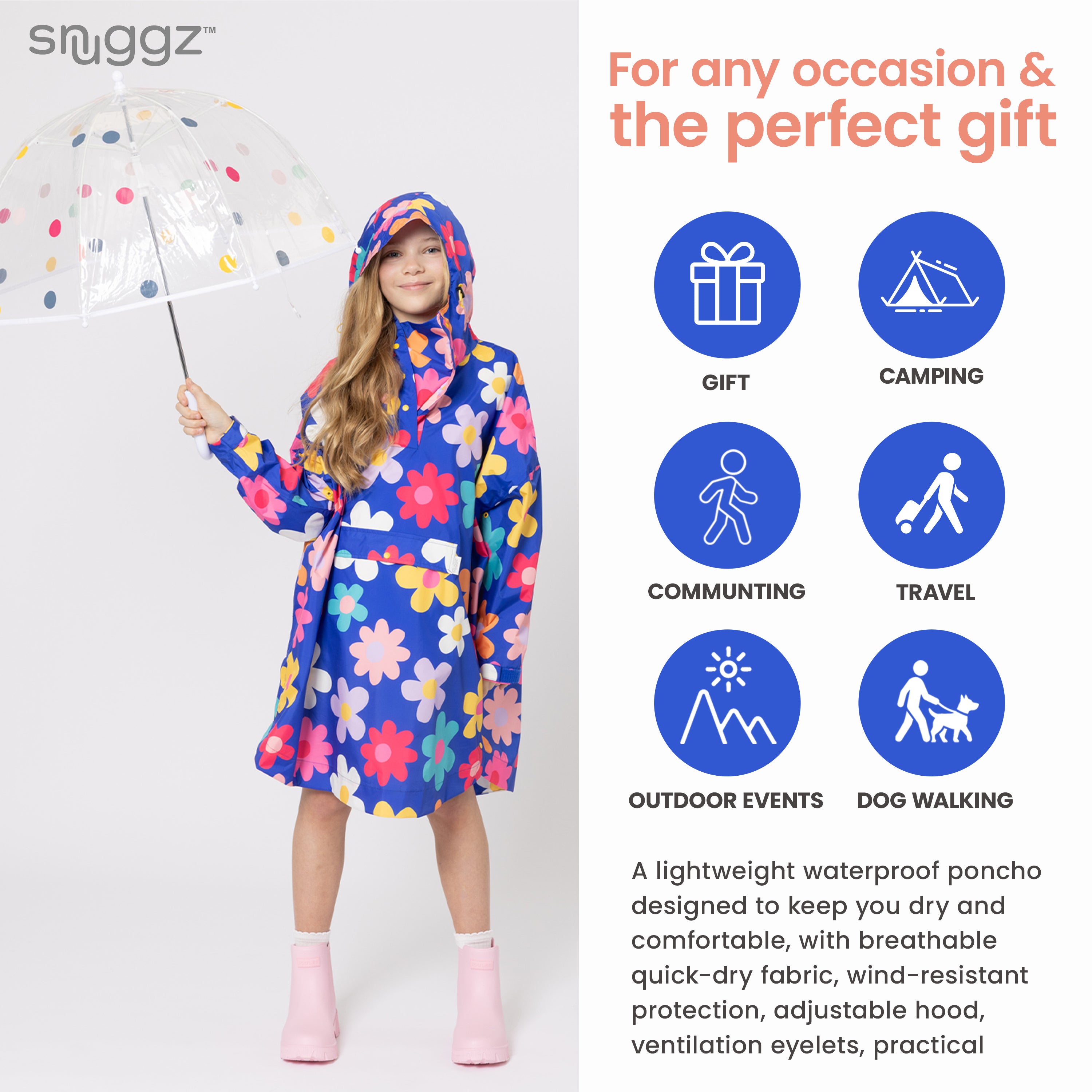 Snuggz Kids Blue Flower Power Rain Poncho
