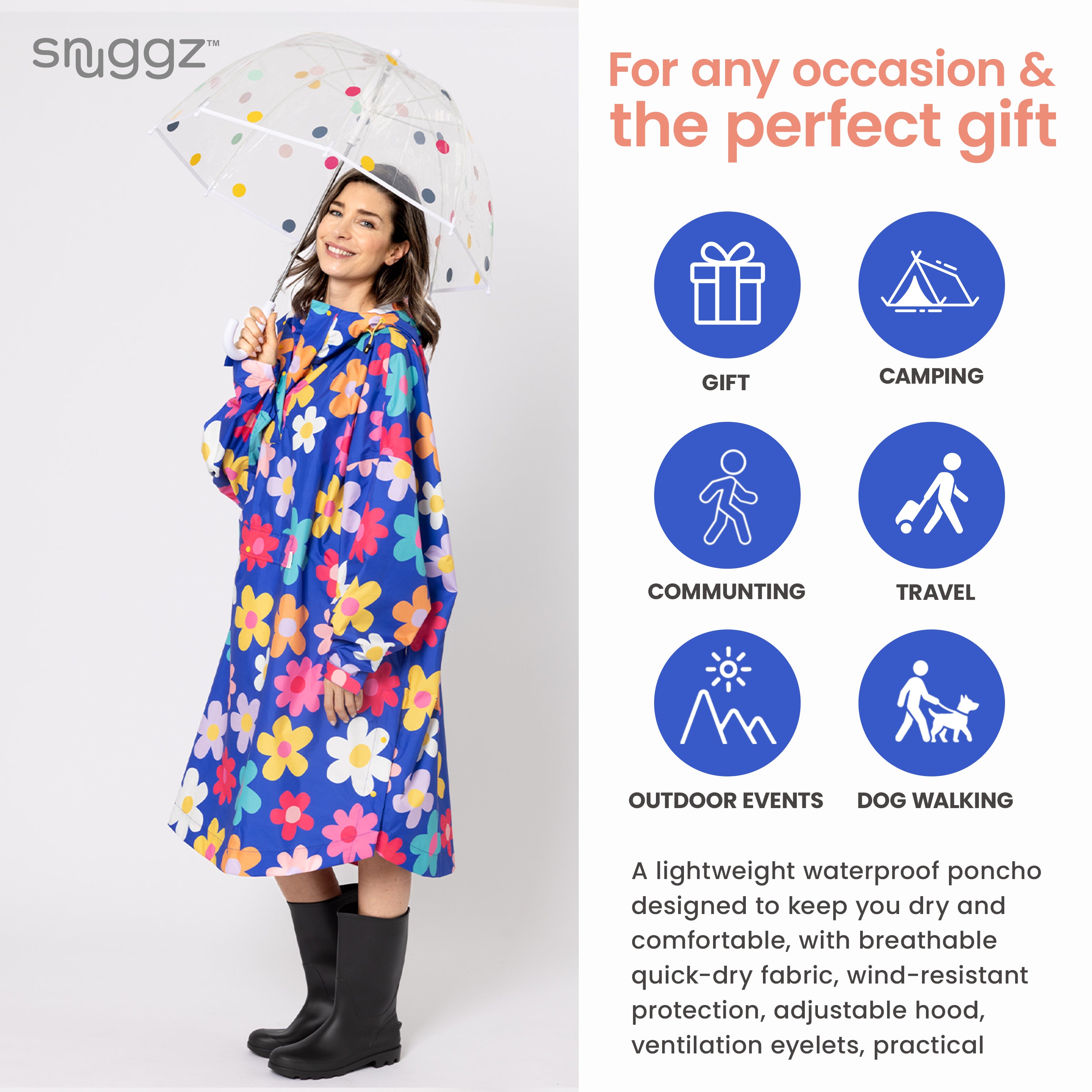 Snuggz Blue Flower Power Rain Poncho