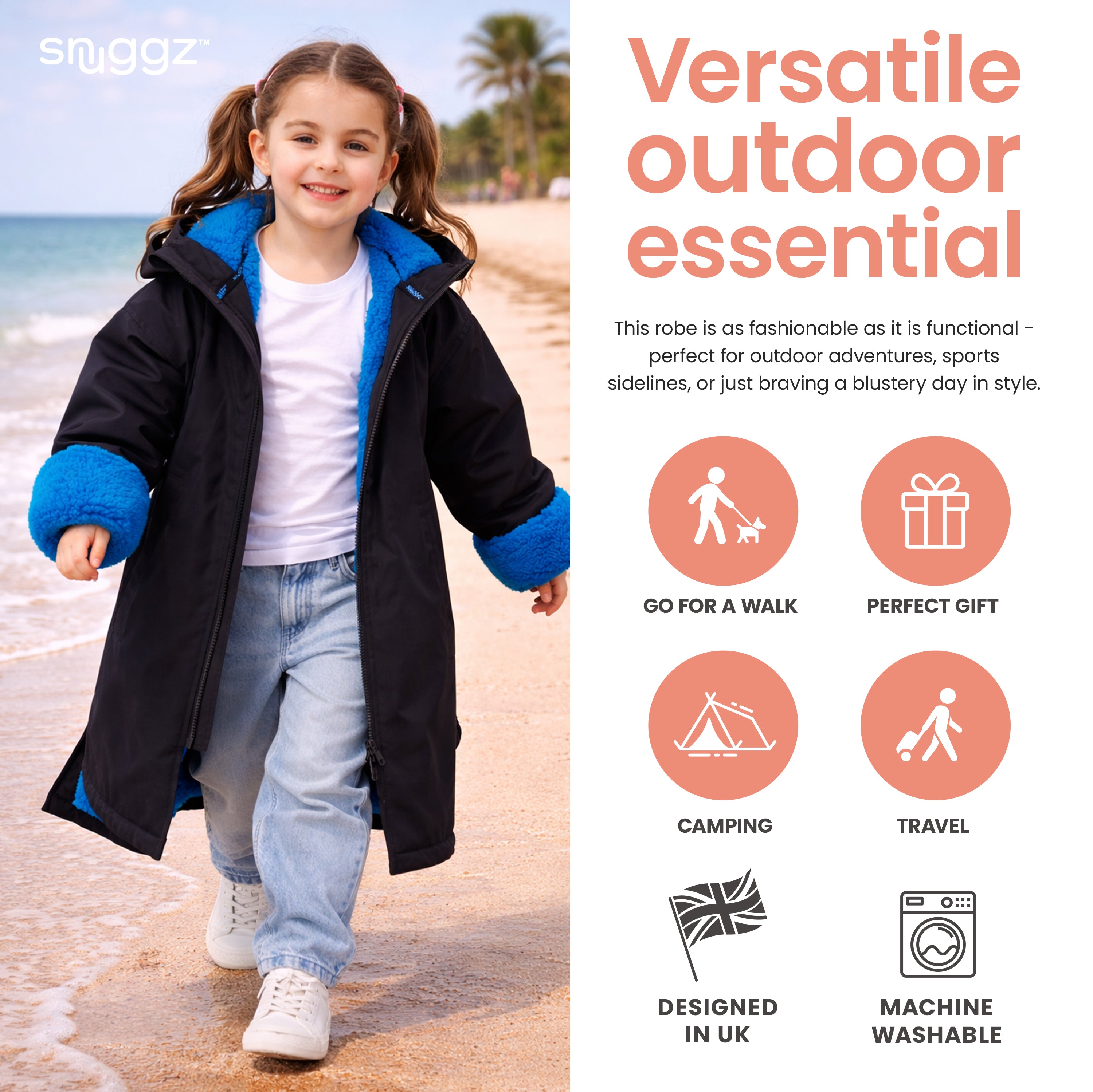 Snuggz Girls Lite Black Changing Robe with Blue Borg