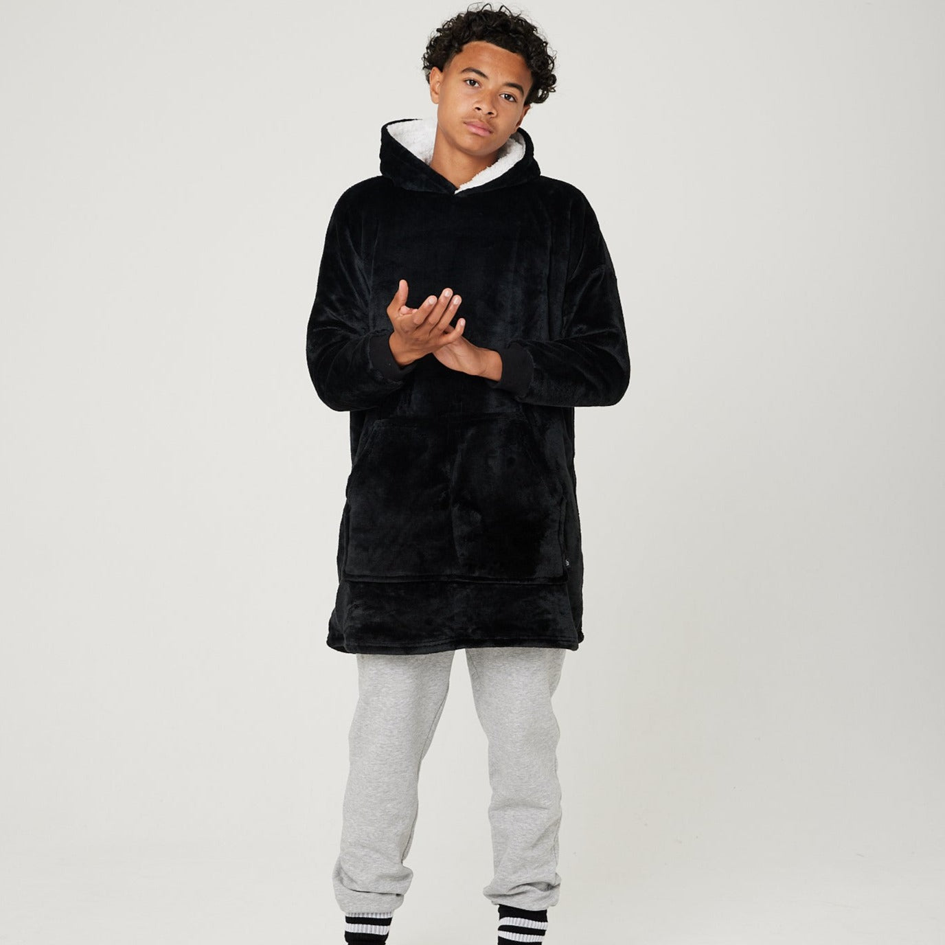 Black Hooded Blanket for Kids with white Sherpa fleece lining