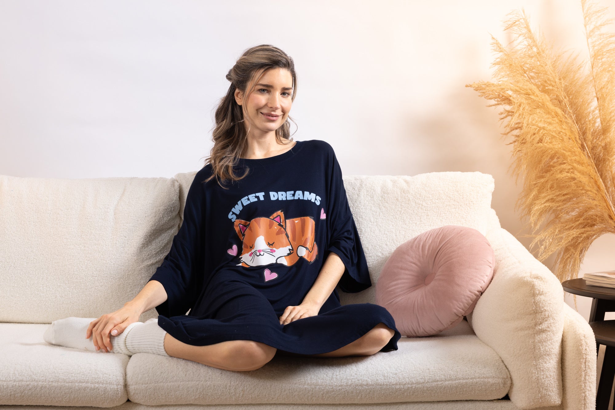 Snuggz Women Sweet Dreams Cat Oversized Bamboo Sleep Tee