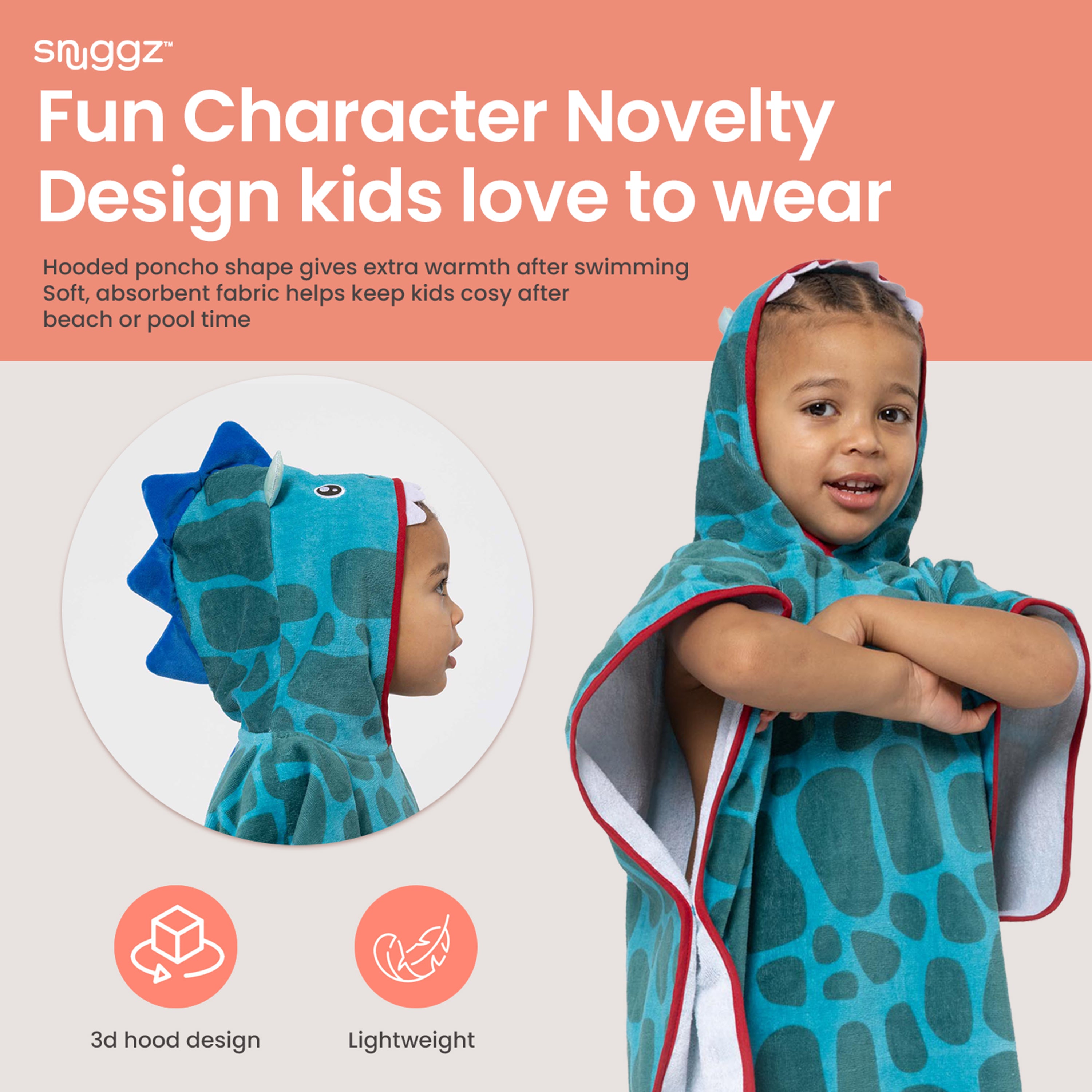 Boys Dino Towelling Beach Poncho With Swim Bag