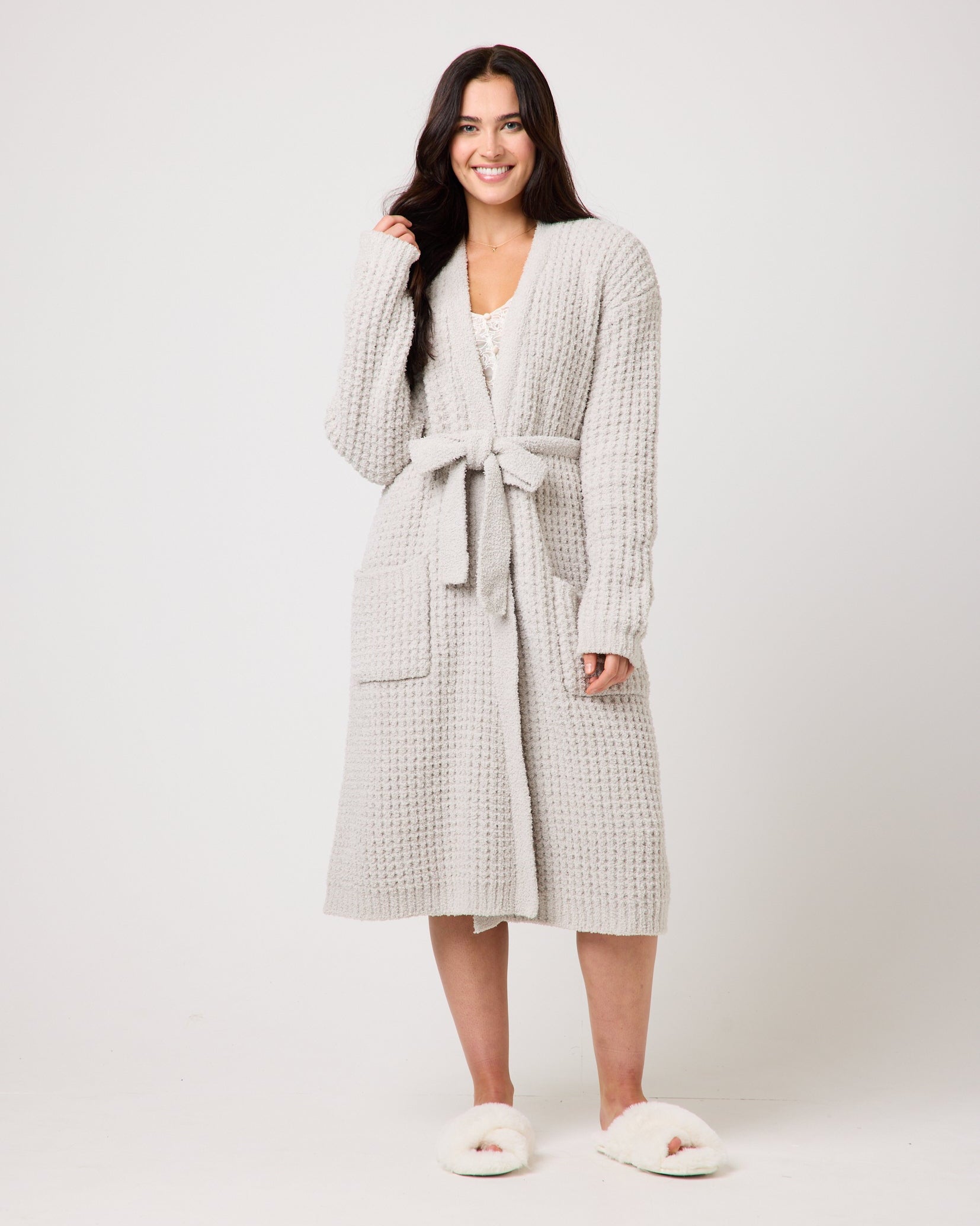 Snuggz Women Neutral Soft Textured Feather Yarn Dressing Gown