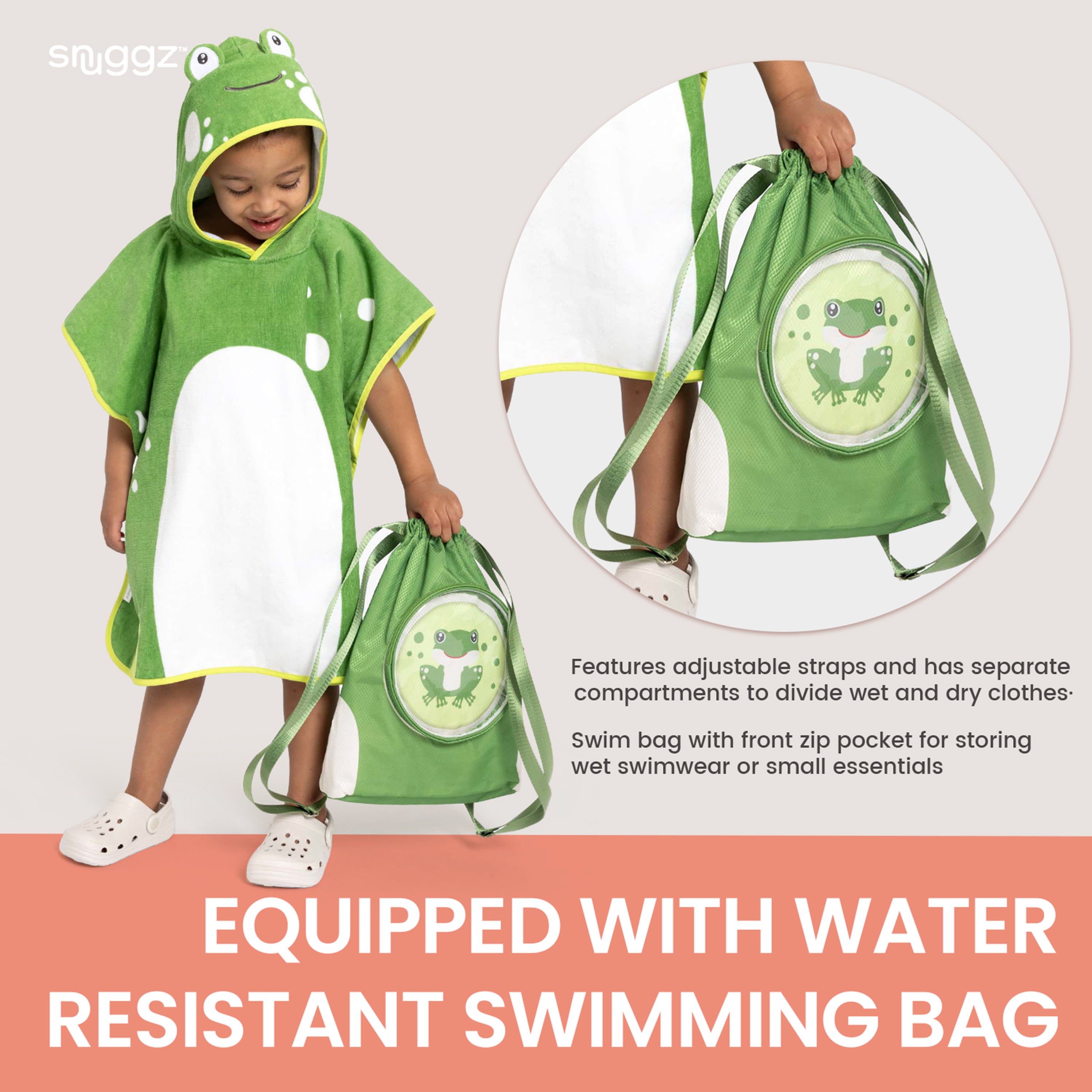 Snuggz Frog Towelling Beach Poncho With Swim Bag