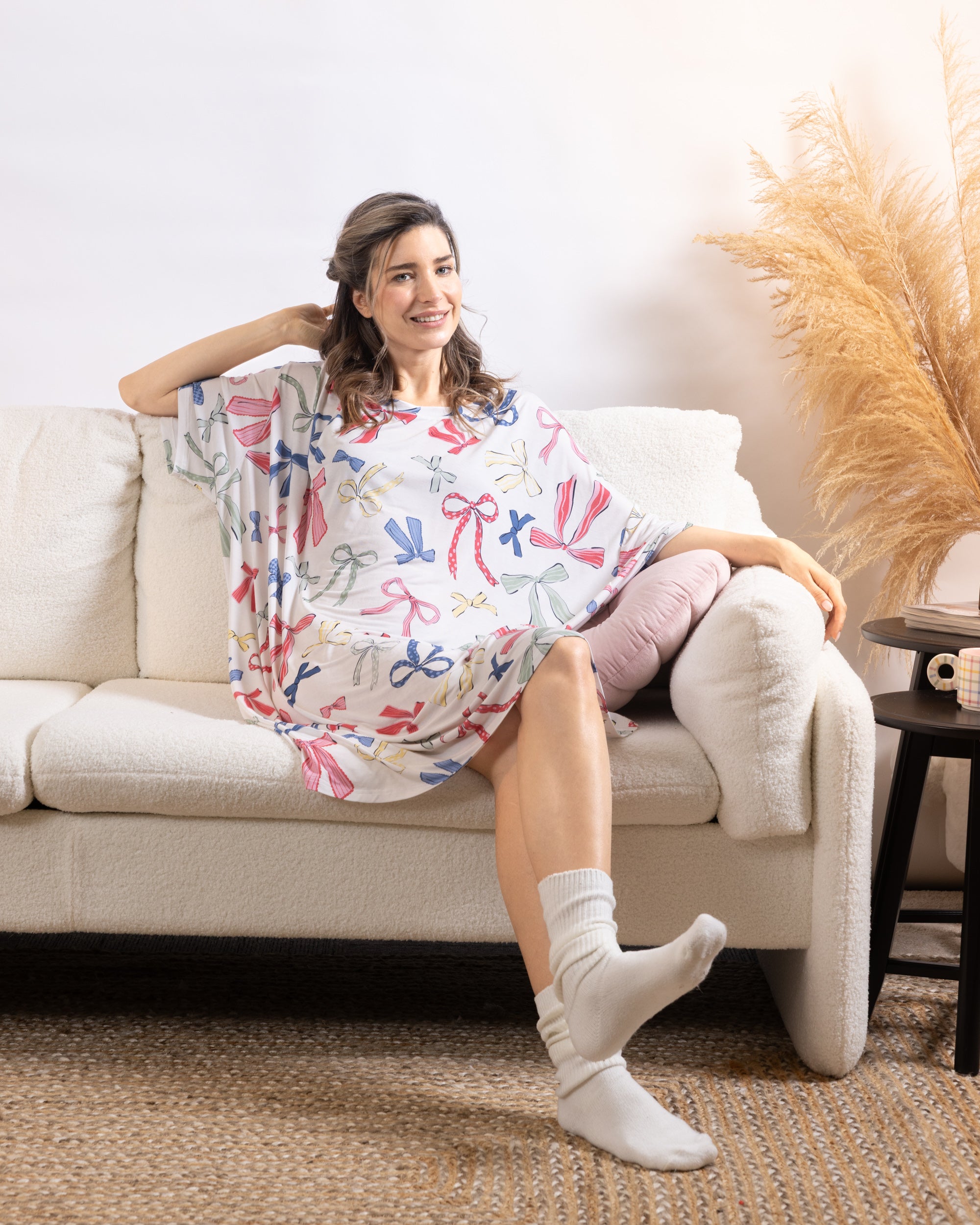 Snuggz Women Bow Print Bamboo Oversized Sleep Tee