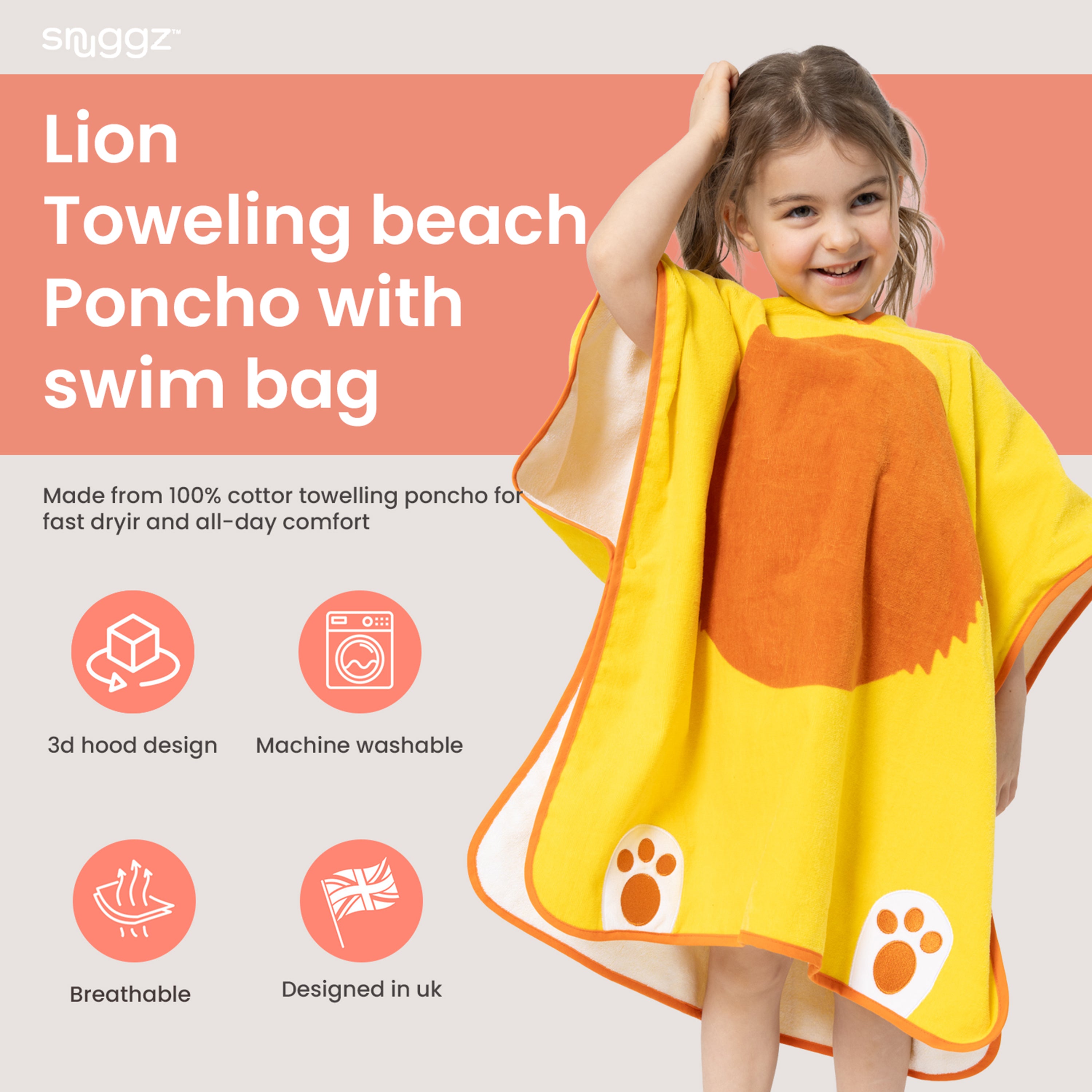 Snuggz Lion Towelling Beach Poncho With Swim Bag