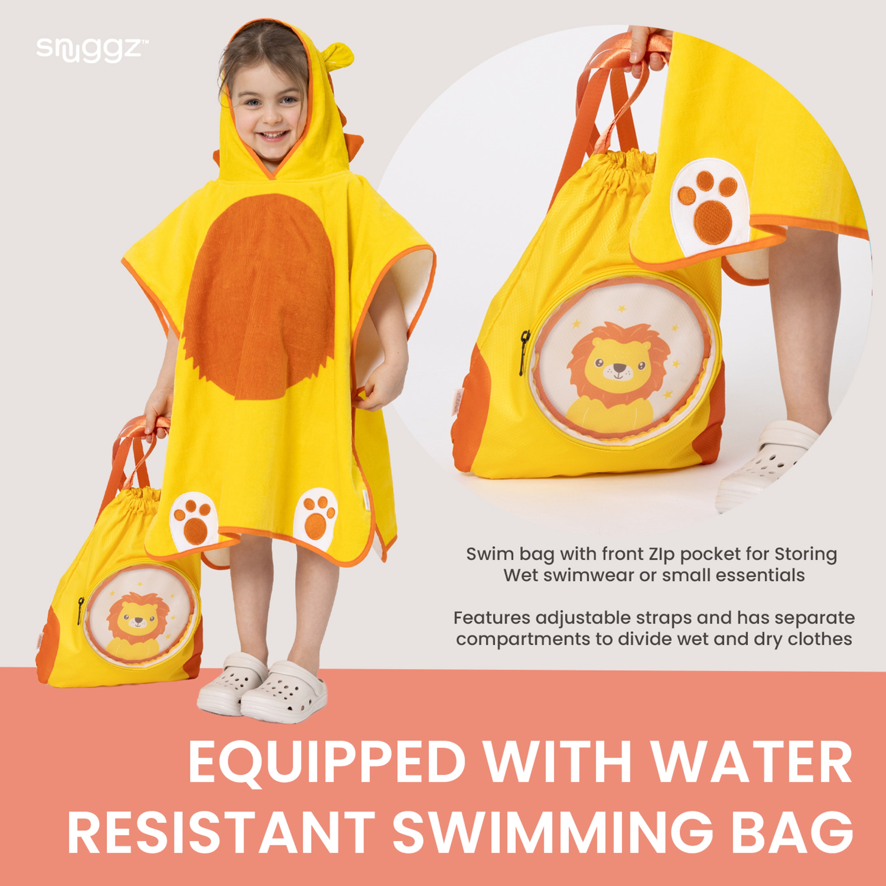Snuggz Lion Towelling Beach Poncho With Swim Bag