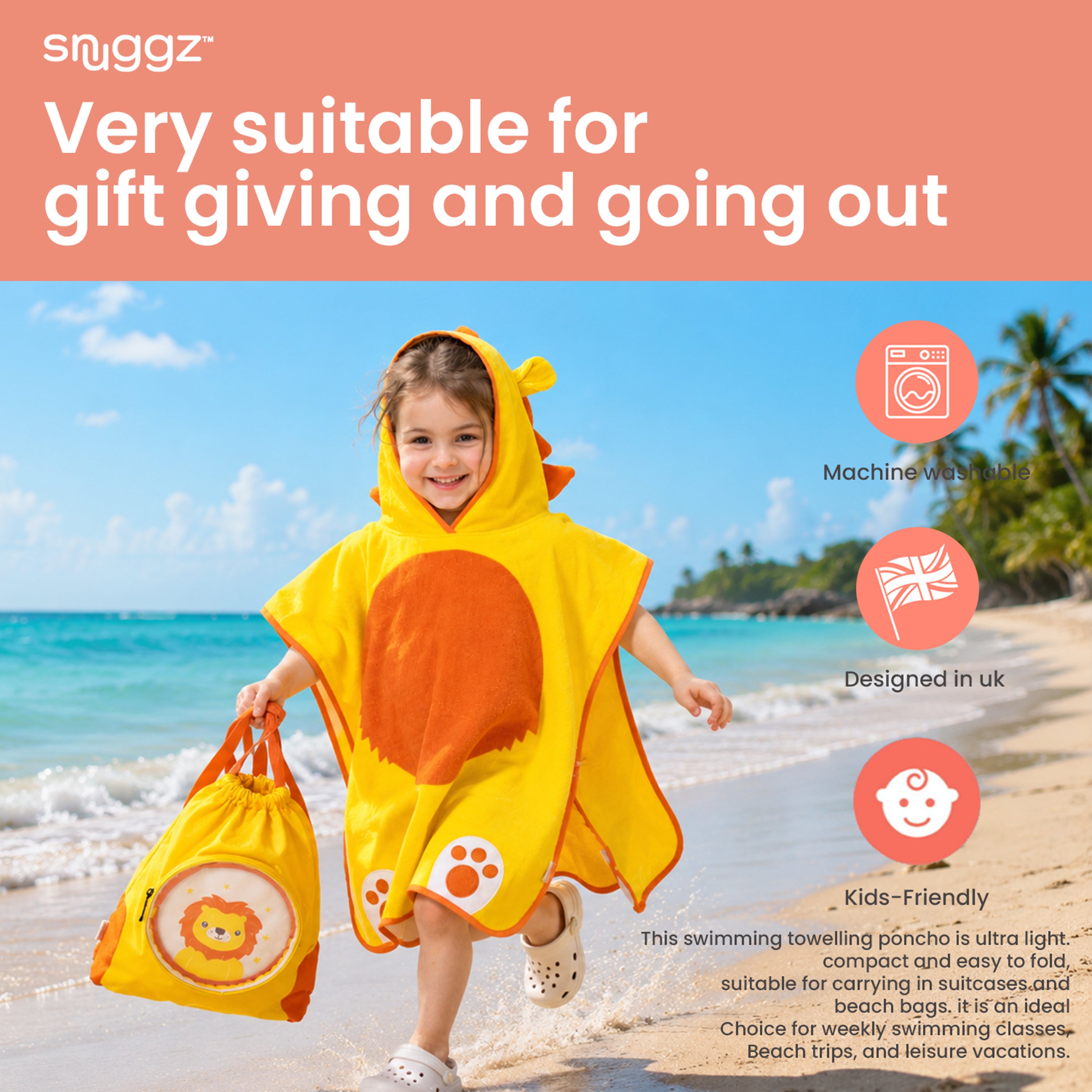 Snuggz Lion Towelling Beach Poncho With Swim Bag